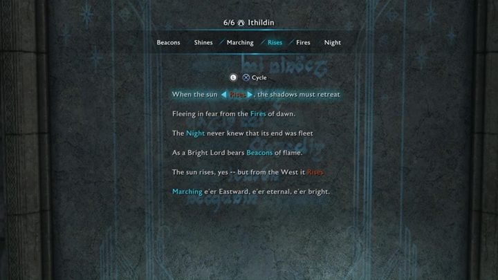 Dostępne słowa: Beacons, Shines, Marching, Rises, Fires, Night - Śródziemie Cień Wojny: Drzwi ithildinu - jak je otworzyć (Poematy)? - Śródziemie: Cień Wojny - poradnik do gry 