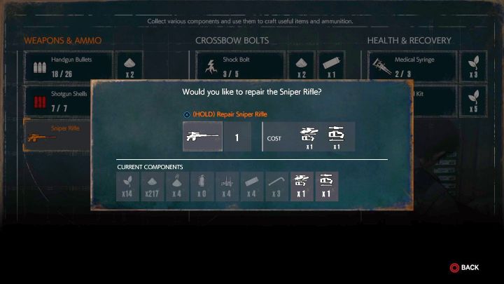 Gdy masz snajperkę i części, wystarczy tylko naprawić broń. - Jak zdobyć i naprawić Karabin Snajperski w Evil Within 2? - Evil Within 2 - poradnik do gry
