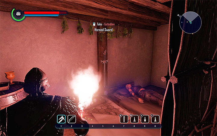 Miecz Rogaty (Horned Sword) wisi na ścianie chatki Angrima w wiosce Goliet i pokazuje go powyższy obrazek - Elex: Lepsza broń na start - jak zdobyć? - Elex - poradnik do gry