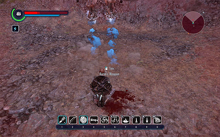 Poszukiwany przedmiot jest w bardzo niebezpiecznym miejscu - tuż obok ogromnego robota Kolos bojowy rozstawionego niedaleko wejścia do konwertera (powyższy obrazek) - Zadania w Edan | Edan | Zadania poboczne | Solucja Elex - Elex - poradnik do gry