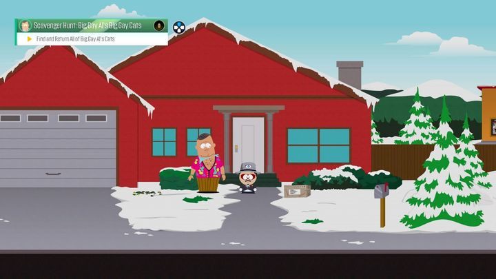Gdy zadanie będzie dostępne, Al będzie stał przed swoim domem - Grube gejowskie koty Dużego Geja Ala | Zadania poboczne - South Park: The Fractured But Whole - poradnik do gry