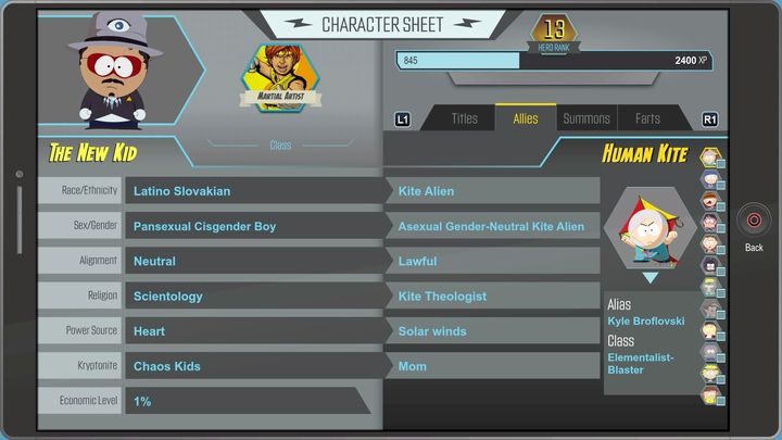 Każdy z twoich sojuszników posiada Kartę postaci opisującą jego charakterystykę - Karty postaci - sekrety South Park Fractured But Whole - South Park: The Fractured But Whole - poradnik do gry