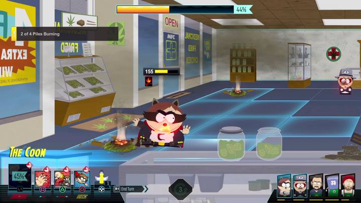 Musisz podpalać sobą lub przeciwnikami kupki haszu rozrzucone po sklepie - Sprawa Classi & Fiasko w MFC | Opis przejścia - Zadania główne - South Park: The Fractured But Whole - poradnik do gry
