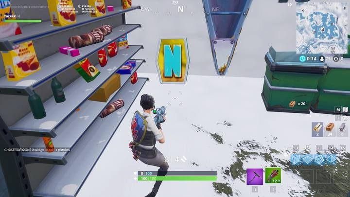 Twoim zadaniem jest dostać się do środka, a więc musisz zniszczyć sufit sklepu (twoją podłogę) - Wyzwanie - Przeszukaj litery NOMS | Wyzwania Fortnite Battle Royale - Fortnite: Battle Royale - poradnik do gry