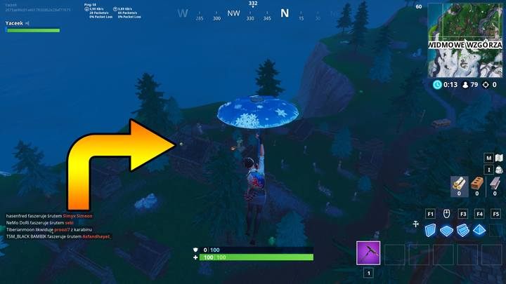 Czwarty balon znajduje się w Widmowych Wzgórzach, na daszku małego domu - Wyzwanie - Przekłuj 10 złotych balonów - Fortnite: Battle Royale - poradnik do gry