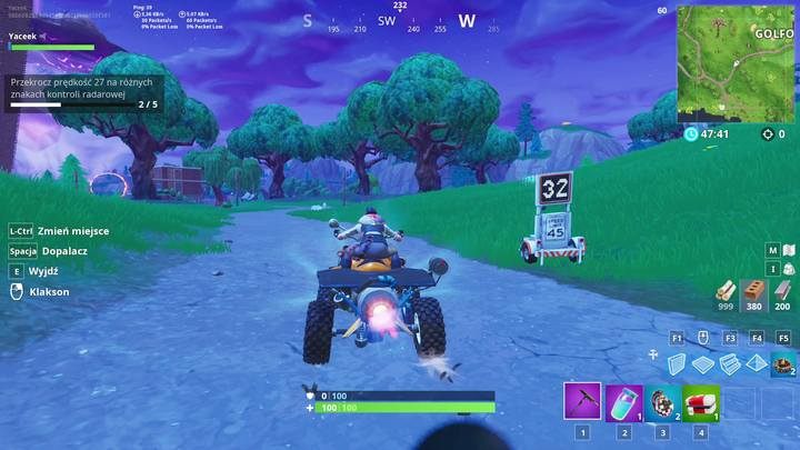 Używaj dopalacza, by osiągnąć większą prędkość. - Wyzwanie - Przekrocz prędkość 27 na różnych znakach kontroli radarowej - Fortnite: Battle Royale - poradnik do gry