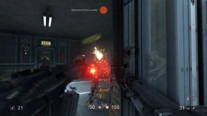 Wszczęcie alarmu na początku misji to nienajlepszy pomysł. - Winda i hangar | Roswell | Solucja Wolfenstein II: The New Colossus - Wolfenstein II: The New Colossus - poradnik do gry