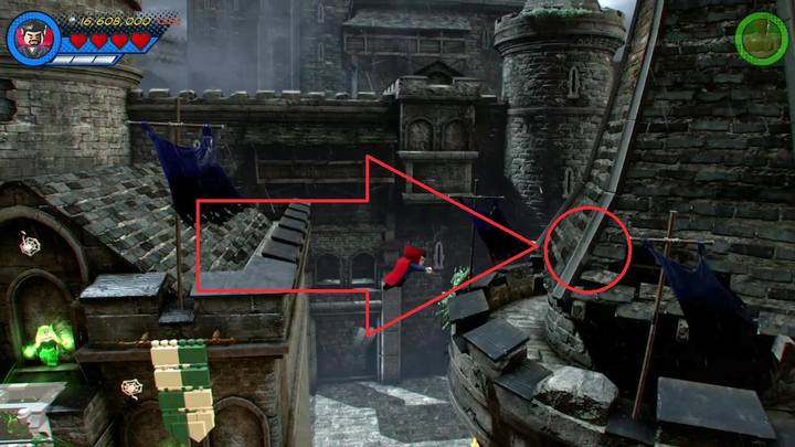 Kolejny skarb znajdziesz na murach, a dokładnie za prawą wieżą pokazaną na obrazku - Sekrety Misja 3 - Czarno to widzę | LEGO Marvel Super Heroes 2 - LEGO Marvel Super Heroes 2 - poradnik do gry