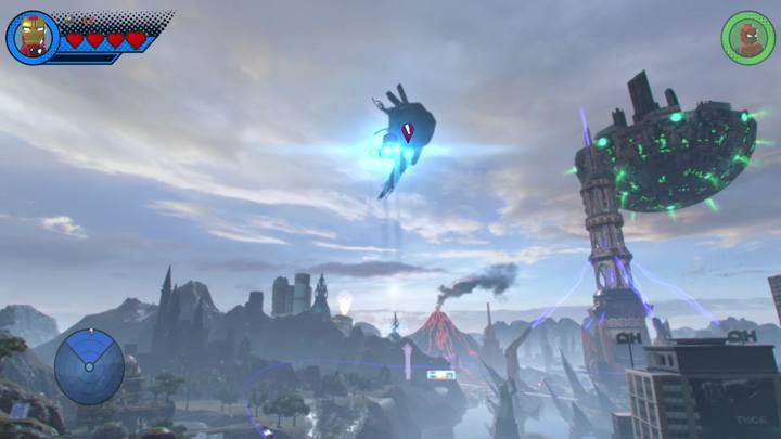 Na początku musisz dotrzeć do Knowhere, czyli wielkiej bazy w kształcie czaszki zlokalizowanej wysoko nad Manhattanem - Misja 19 - Na ostrzu miecza | Solucja LEGO Marvel Super Heroes 2 - LEGO Marvel Super Heroes 2 - poradnik do gry