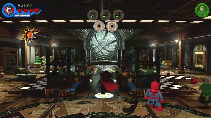 Niezależnie od tego czy uda ci się rozwiązać poprzednią zagadkę czy nie, runa zostanie aktywowana, a ty wróć do głównego holu i przejdź do następnej sekcji (w górę) - Misja 8 - Po runach do celu | Solucja LEGO Marvel Super Heroes 2 - LEGO Marvel Super Heroes 2 - poradnik do gry