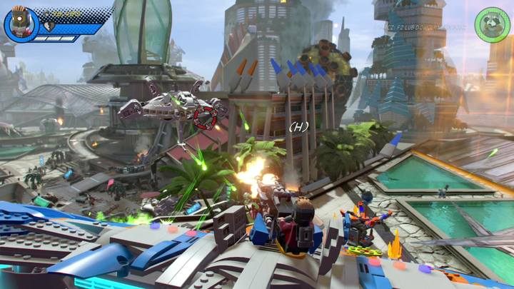 Po aktywacji działka na statku, wejdź na niego z lewej strony i skorzystaj z dostępnej broni, by pokonać pojazd nieprzyjaciela - Misja 1 - Czy ktoś pokona Esona? | Solucja LEGO Marvel Super Heroes 2 - LEGO Marvel Super Heroes 2 - poradnik do gry