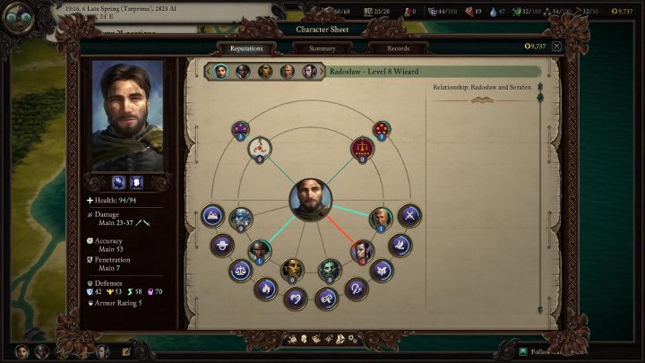 Relacje między towarzyszami (oraz z frakcjami, w przypadku głównego bohatera) możesz sprawdzić w panelu postaci (ikona głowy albo przycisk C), a następnie przechodząc do zakładki Reputacja (Reputations) - Pillars of Eternity 2: Towarzysze - lokalizacja, relacje - Pillars of Eternity 2 Deadfire - poradnik do gry