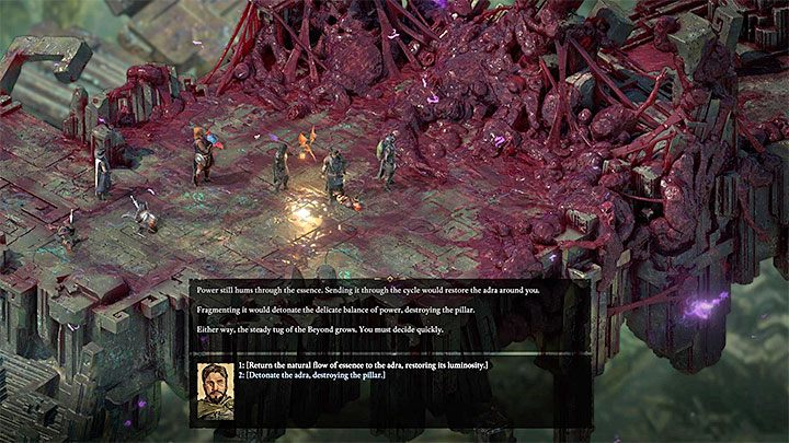 Niezależnie od tego jak przebiegło spotkanie z duszami zostaniesz postawiony przed wyborem w sprawie spaczonej kolumny adry i moment ten pokazuje dołączony obrazek - Pillars of Eternity 2: Burze Poko Kohary - zadania poboczne, solucja - Pillars of Eternity 2 Deadfire - poradnik do gry