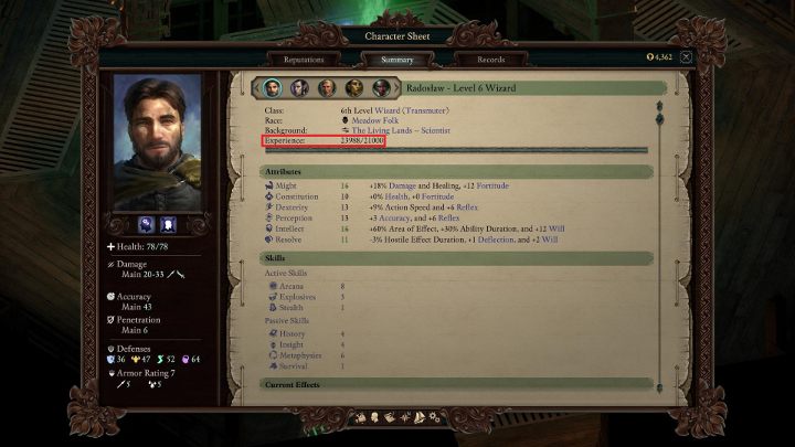 Zaznaczony fragment przedstawia aktualną liczbę punktów doświadczenia oraz liczbę wymaganą do awansu na kolejny poziom. - Pillars of Eternity 2: Awansowanie na wyższe poziomy doświadczenia - Pillars of Eternity 2 Deadfire - poradnik do gry