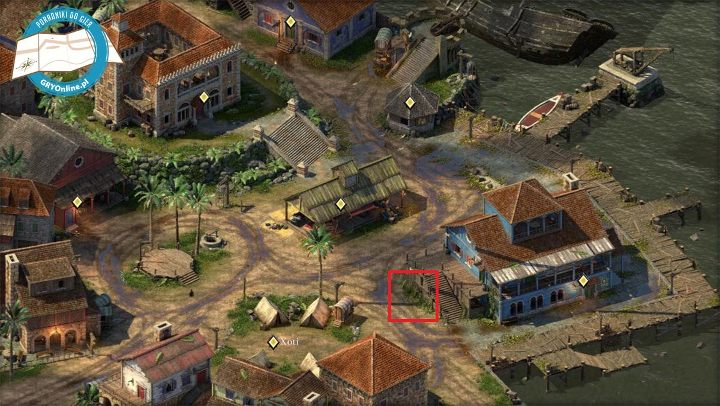 Tuaha znajduje się w Przystani w Port Maje (M3), obok karczmy Oko Krakena (dokładna lokalizacja została zaznaczona na powyższym obrazku) - Pillars of Eternity 2: Zew kuriera, zadanie Mai - solucja, opis przejścia - Pillars of Eternity 2 Deadfire - poradnik do gry