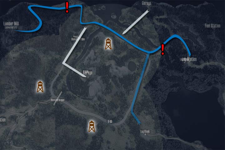 Biała trasa pokazuje sugerowaną drogę do odblokowania warsztatu - MudRunner: Wybrzeże - mapa - MudRunner - poradnik do gry