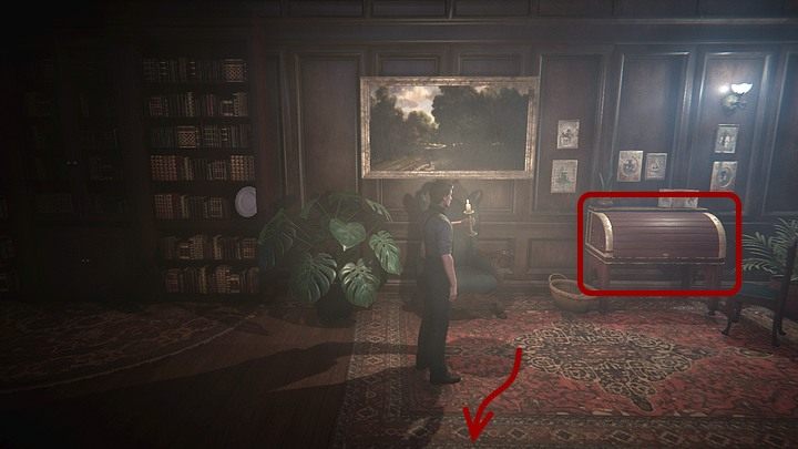 Kiedy wrócisz w pobliże otwartych drzwi, przyjrzyj się (dwukrotnie) stojącemu na prawo od nich staroświeckiemu biurku z zasuwanym blatem - Zbadaj zamek | Solucja Black Mirror - Black Mirror - solucja, poradnik