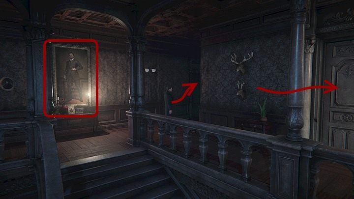 Skieruj się w dość długi wąski korytarz na prawo od obrazu - jest tam bardzo ciemno, ale za to pod samym oknem znajdziesz fragmenty jakiegoś zdjęcia - Idź za kamerdynerem do swojego pokoju | Solucja Black Mirror - Black Mirror - solucja, poradnik