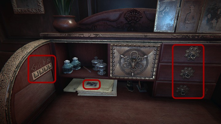 Teraz przybliż widok na wewnętrzną część lewego boku biurka - Odkryj tajemnicę biurka w bibliotece | Solucja Black Mirror - Black Mirror - solucja, poradnik