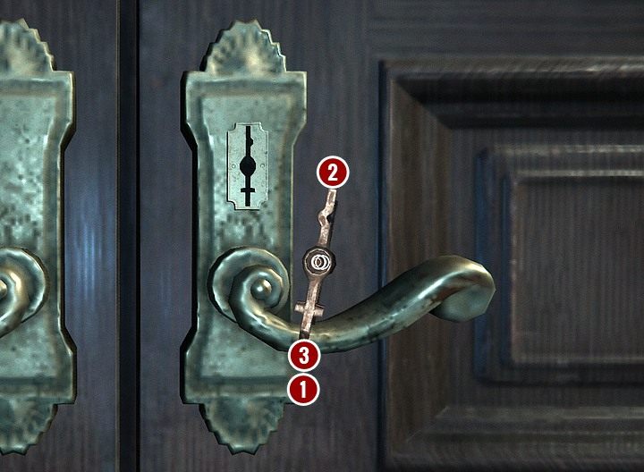 W trakcie tych manipulacji możesz sprawdzać, czy ustawiasz ząbki prawidłowo, obracając klucz tak, żeby było widać tylko jego końcówkę, i przyglądając się, czy jej przekrój pokrywa się z przekrojem zamka - Przeszukaj gabinet gospodarza | Solucja Black Mirror - Black Mirror - solucja, poradnik