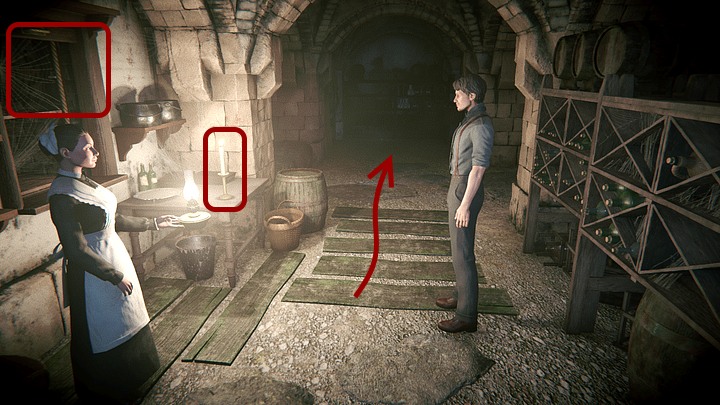 W piwnicy maszeruj za niosącą lampę Ailsą, kiedy stracisz pokojówkę z oczu, podążaj w stronę przebijającego zza półek światła (generalnie w lewo) - Dowiedz się, co wie Ailsa | Solucja Black Mirror - Black Mirror - solucja, poradnik