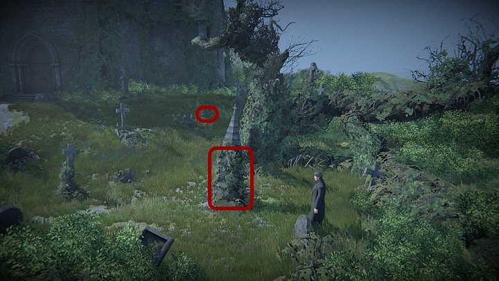 Przyjrzyj się nagrobkom po prawej, szczególnie jednemu dość wysokiemu i mocno zrośniętemu - Odszukaj grób z obrazu | Solucja Black Mirror - Black Mirror - solucja, poradnik