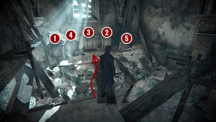 Po desce przerzuconej nad gruzowiskiem przy oknie podejdź do postumentów z kronikami - Zbadaj kaplicę| Solucja Black Mirror - Black Mirror - solucja, poradnik
