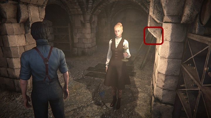 Jeśli natomiast chcesz zdobyć kolejny fragment fotografii, skręciwszy w prawo, idź cały czas w tę stronę - zamiast udać się w dół ekranu, ku schodom - i kliknij wystający element ściany po prawej - Zbadaj okoliczności śmierci Ailsy | Solucja Black Mirror - Black Mirror - solucja, poradnik