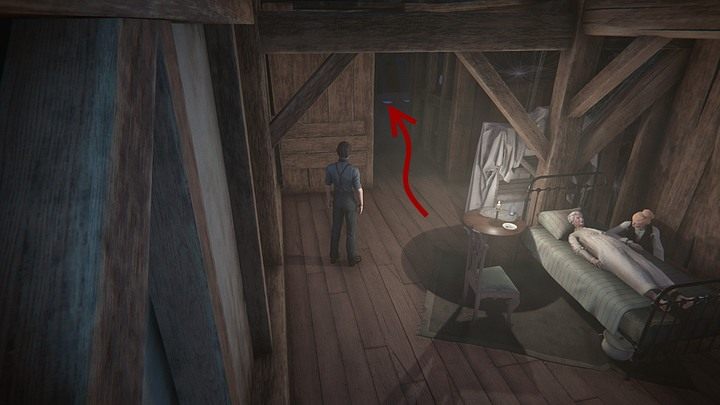 Po skończonej rozmowie przejdź w głąb pokoju (w lewo od wezgłowia łóżka) i opuść pomieszczenie przez widoczne z tej perspektywy wyjście - Dowiedz się, co Ailsa robiła na strychu | Solucja Black Mirror - Black Mirror - solucja, poradnik