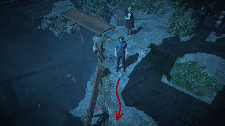 Najpierw zejdź nieco niżej (kieruj się w dół ekranu od stojącej przy desce lekarki) - na skraju urwiska kliknij aktywny punkt, by David zeskoczył na stojące niżej beczki - Powstrzymaj Eddiego | Solucja Black Mirror - Black Mirror - solucja, poradnik