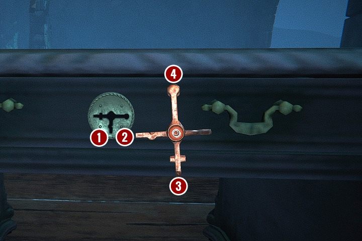 To, co wydaje się ząbkiem po prawej, to widoczny z tej perspektywy brzeg główki klucza. - Zbadaj stare skrzydło zamku | Solucja Black Mirror - Black Mirror - solucja, poradnik