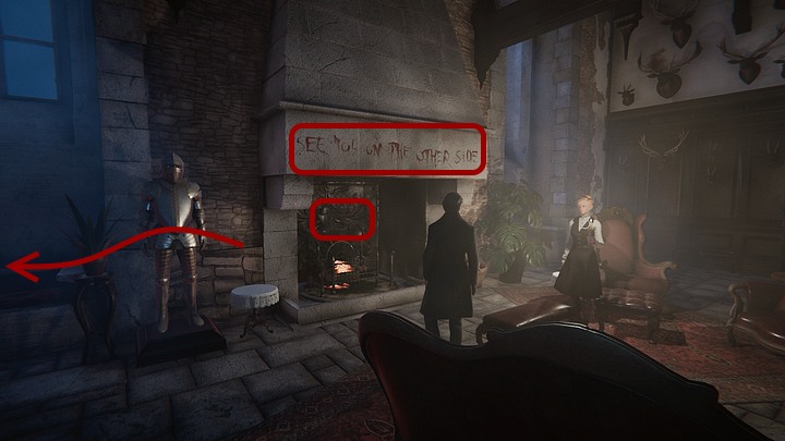 Po powrocie do zamku porozmawiaj z siedzącą na kanapie babką - Otwórz przejście w kominku cz.1 | Solucja - Black Mirror - solucja, poradnik