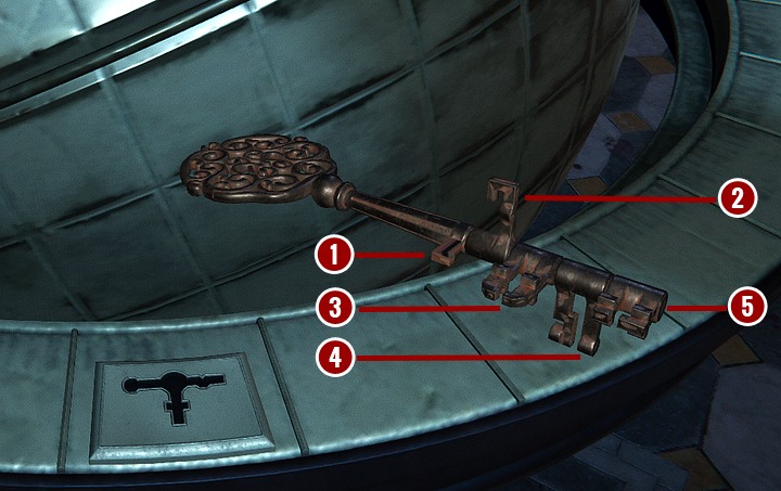 Ty razem trzeba ustawić jego ząbki w następujący sposób: pary nr 3 i nr 5 równolegle z nieruchomym pierwszym ząbkiem (jeśli próbujesz aktywować globus przed dołączeniem ostatniej części klucza, możesz to zrobić - ostatnia para ząbków nie jest w tym przypadku potrzebna) - Otwórz przejście w kominku cz.2 | Solucja - Black Mirror - solucja, poradnik