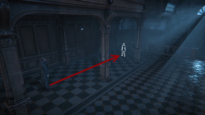 Następnie chłopiec pojawi się kawałek dalej (między kolumnami po lewej) i znów bardzo powoli idź do niego, starając się trzymać linii prostej (w jej wyznaczeniu pomocne są kwadraty na ozdobnej posadzce) - Znajdź Andrew | Solucja - Black Mirror - solucja, poradnik