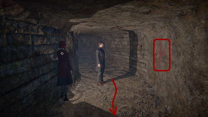 Wejdź do środka i idź przed siebie - w pewnym momencie na ścianie po prawej pojawi się następna runa (z drzewem) - oczywiście przyjrzyj się jej (po pierwszej wizji nie jest to już możliwe) - Zbadaj wioskę | Solucja Black Mirror - Black Mirror - solucja, poradnik