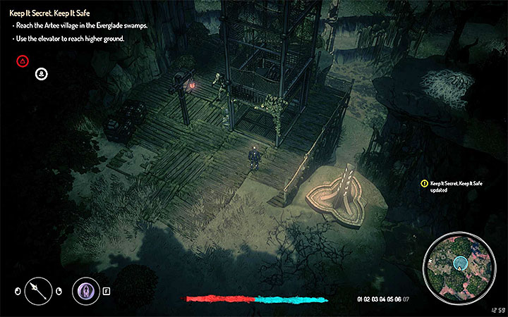 Docelowo musisz dotrzeć do pokazanej na obrazku windy, która podróżuje do wioski Artee - Zachowaj to w sekrecie | Zadania główne | Solucja Seven The Days Long Gone - Seven The Days Long Gone - poradnik do gry