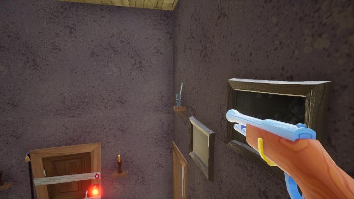 Udaj się na schody w miejscu, w którym rozpocząłeś rozgrywkę i przy pomocy strzelby strzel w śrubokręt widoczny na powyższym obrazku - Hello Neighbor: Hello Granny - solucja - Hello Neighbor - poradnik do gry