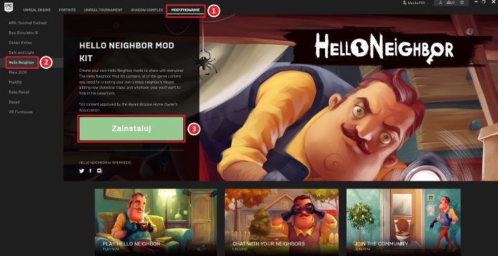 Na obrazek zostały naniesione oznaczenia numeryczne oznaczające kolejność wymaganych kroków. - Hello Neighbor: Mody - jak instalować? - Hello Neighbor - poradnik do gry