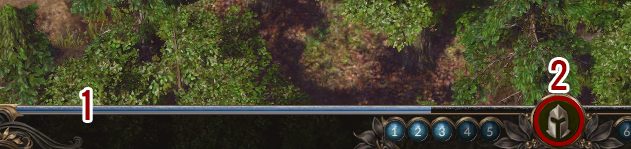 Dodatkowo u dołu ekranu znajdziesz wskaźnik postępu doświadczenia zdobywanego przez bohaterów (1) oraz odnośnik do okna zarządzania drużyną (2) - więcej o nim poniżej - Interfejs w Spellforce 3 - SpellForce 3 - poradnik do gry