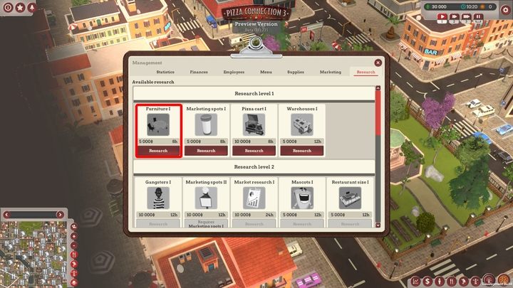 Kiedy już w miarę ugruntujemy swoją pozycję na rynku i będziemy otwierać kolejną restaurację, warto przeprowadzić badania dotyczące wystroju - Jakie badania przeprowadzić na początku? | Pizza Connection 3 - Pizza Connection 3 - poradnik do gry