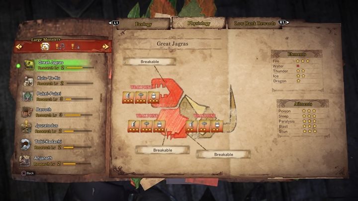 Jeśli chodzi o podatności tego stworzenia to czułym punktem jest - Wielki Jagras - taktyka, odporność, słabe strony | Monster Hunter World - Monster Hunter World - poradnik do gry