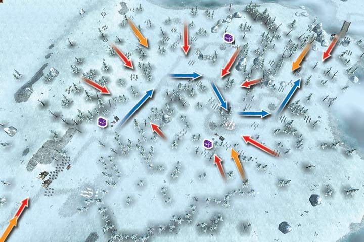 Na normalnym poziomie trudności, około 90% przeciwników to Wilki (czerwone strzałki) - Misja 11 - Mroczna Puszcza | Kampania w Hex Commander - Hex Commander - poradnik do gry