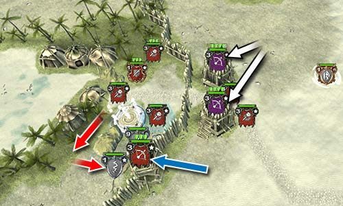 Użycie zwoju Szał na łucznikach ufortyfikowanych w zewnętrznej wieży bardzo ułatwi życie (białe strzałki), choć można byłoby się ich pozbyć przy użyciu katapult. Lepiej byłoby wykorzystać Szał na wewnętrznym Łuczniku, który może razić jednostki wewnątrz (niebieska strzałka). Użycie teleportu jest sensowne, jeśli wycofasz jednostkę poniżej. Wtedy tylko jeden wróg będzie cię atakował, a reszta będzie obchodzić portal wokół (czerwone strzałki). - Misja 19 - Kerdan | Kampania w Hex Commander - Hex Commander - poradnik do gry