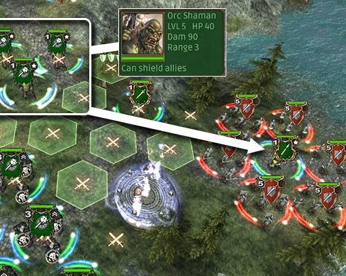Szaman potrafi ochronić sojuszników lub zadać duże obrażenia. Wykorzystaj jego specjalną umiejętność, aby utrzymać przy życiu Guarg. - Misja 9 - Spotkanie z orkami | Kampania Zielonoskórych (Orków) w Hex Commander - Hex Commander - poradnik do gry