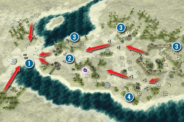 Misję rozpoczynasz tuż przy zachodniej bramie obozowiska Orków (1) - Misja 7 - Kryjówka Zębatej Czaski | Kampania Elfów w Hex Commander - Hex Commander - poradnik do gry