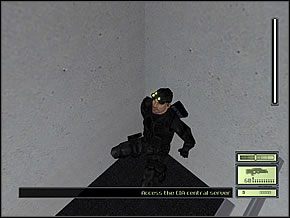 Poczekaj, aż strażnik odejdzie i dalej na kuckach zeskocz w miejscu z urwaną barierką w dół (nie możesz chwytać się rękami za balkon, bo będzie to za długo trwało) - Etap 2 (1) | CIA HQ | Tom Clancys Splinter Cell - Tom Clancys Splinter Cell - poradnik do gry