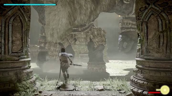 Na końcu schowaj się pod daszkiem i atakuj wroga z łuku, by przyciągnąć jego uwagę - Kolos 6 - Barba | Solucja Shadow of the Colossus - Shadow of the Colossus - poradnik do gry