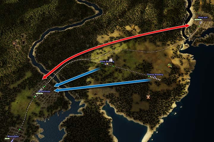 Miedzy Baltimore a Nowy Yorkiem jest oddzielna linia pasażerska, na której jeździ szybki pociąg (czerwona strzałka). Natomiast mleko, warzywa i bydło z okolicznych farm są dostarczane oddzielnymi liniami towarowymi (niebieskie strzałki). W ten sposób pociągi sobie nie przeszkadzają. - Railway Empire: Porady na start - Railway Empire - poradnik do gry