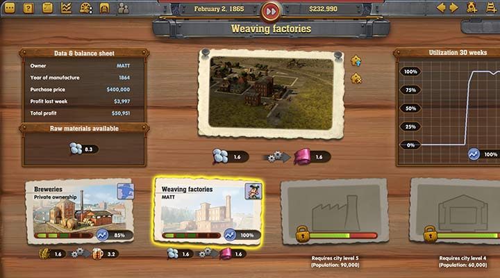 Fabryka ubrań przynosi spore zyski, ponieważ nie tylko otrzymuje surowce potrzebne do produkcji, ale też to co wyprodukuje (ubrania) jest pożytkowane w mieście i rozwożone do sąsiednich miast. - Railway Empire: Jak zarabiać? - Railway Empire - poradnik do gry