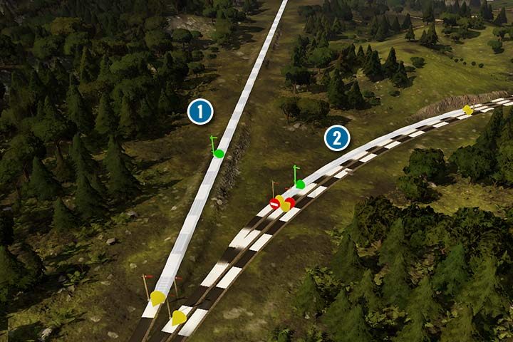 Bloki, to odcinek torów, w którym pociąg może jeździć bez przeszkód. Każdy semafor, wieża czy stacja dzieli tory. Jeśli ustawisz tylko jeden wjazdowy sygnał to blok będzie długi (1). Przez cały ten odcinek, będzie jeździł tylko jeden pociąg. Gdy postawisz wiele semaforów to bloki będą krótsze i więcej pociągów będzie mogło podróżować po jednej trasie (2). - Railway Empire: Sygnalizacja, sygnalizatory i semafory - Railway Empire - poradnik do gry